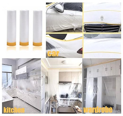 Painters Plastic With Tape, Pre-Taped Masking Film, 8 Rolls Automotive Best Tape and Drape, Paint Adhesive Protective Film Roll for Covering Skirting, Frames, Cars and Auto Body (5 X 65-Feet)