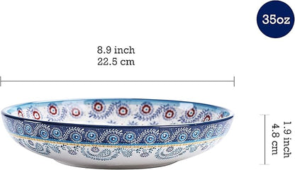 Bico Blue Talavera Pasta Bowls, 35oz Salad Bowl Set of 4, Large Ceramic Serving Dinner Bowls for Soup and Cereal, Microwave and Dishwasher Safe, Gift for Housewarming and Thanksgiving
