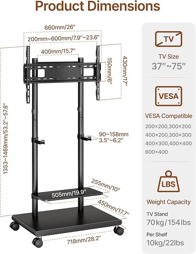 ECOTINY Steel Base Rolling TV Stand