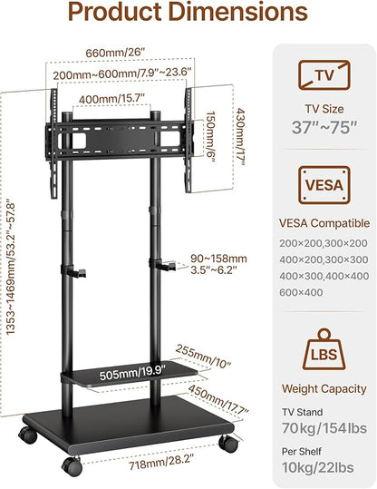 ECOTINY Steel Base Rolling TV Stand