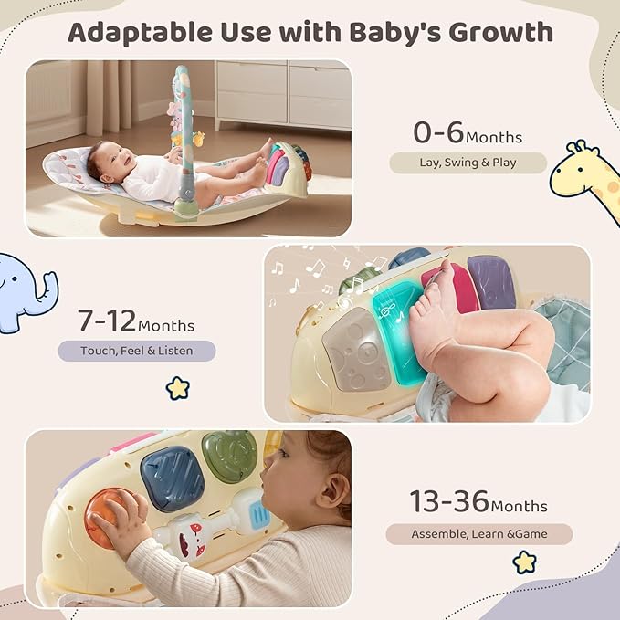 Baby Play Gym Mat with Multifunction Piano Music Box, Rocking Egg-Shaped Baby Activity Gym, Baby mat for floor with 4 Hanging Sensory Baby Toys, Early Sensory Development Play Mat for Infant & Newborn