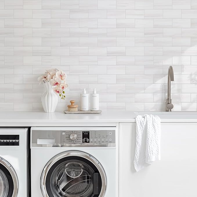 Vamos Tile 100-Piece Glossy Dolomite White Peel and Stick Backsplash Tile