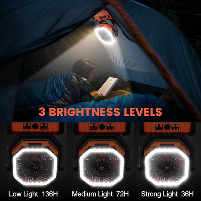 Odoland 30000mAh Camping Fan with LED Lantern, Rechargeable Battery Operated Oscillating with Remote Hook, Portable Tent Fan with Timer, 4 Speeds for Outdoor RV Jobsite Power Outage,Orange