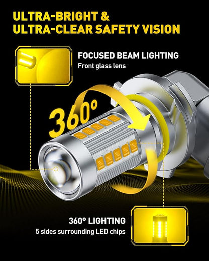 AUXITO 9006 LED Fog Light Bulbs, 3000K Amber Yellow, 1:1 Mini Size HB4 9006 Yellow LED Fog Light Bulbs, 360° Full Illumination(Pack of 2)