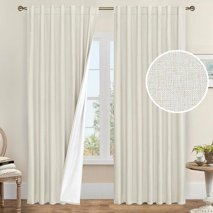 LAMIT Natural 100% Blackout Linen Curtains, 84 Inches Linen Textured Thermal