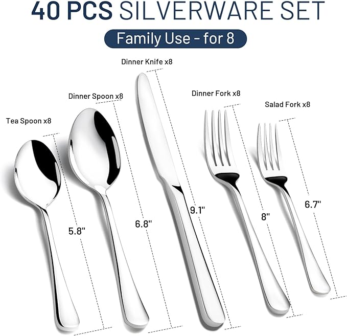 KIKCOIN 40 Pack Silverware Set for 8, Balanced Weight Stainless Steel Flatware Set, Mirror Polished Spoons And Forks Knife Set, Heavy Duty Cutlery Utensils Set for Home Kitchen Restaurant Wedding