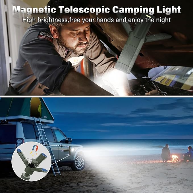 Telescopic Camping Light - 10500mAh Rechargeable Camping Lantern with Storage Bag, Dimmable Magnetic Tent Lamp, Waterproof Camping Lights Outdoor Emergency Lights for Home Power Outage, Hiking -Green