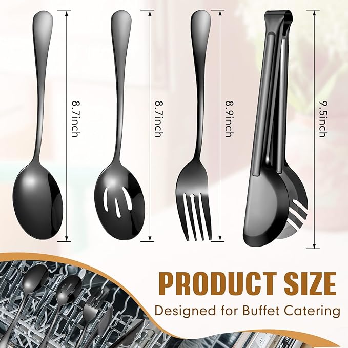 Patelai 15 Pieces Christmas Stainless Steel Black Serving Utensils Set 8.7" Large Spoons and Slotted Spoon 9.45" Tong 9" Forks Flatware Wedding Party Buffet Banquet Cooking Kitchen Catering
