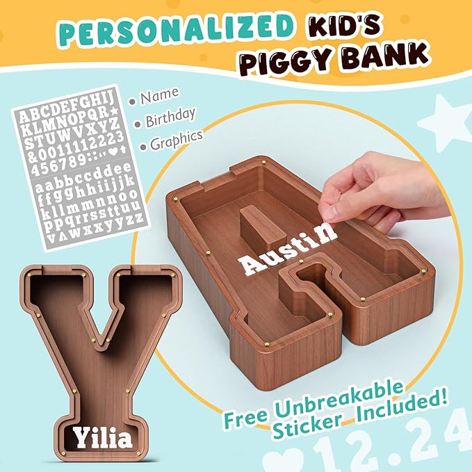 Summidate Wooden Letter Piggy Bank, Extra Thick Large Capacity Piggy Bank for Kids Boys Girls Toddler, Alphabet Y Money Bank| Coin Box Birthday, Christmas, Festival