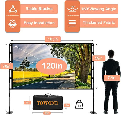 TOWOND Projector Screen and Stand, 120 inch Outdoor Projector Screen Indoor