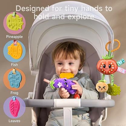 TUMAMA Hanging Vegetable Plush Toy Set, 4 Different Vegetable Crib Stroller Toys, Early Baby Cognitive Sensory Rattle Hanging Toy with Teether. Suitable for Babies 0, 3, 6, 9, 12 Months