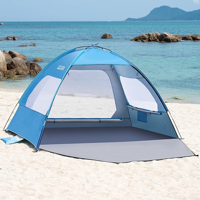 OutdoorMaster Beach Tent for 3/4 Person - Easy Setup Sun Shade Shelter, Portable Beach Shade Sun Canopy with UPF 50+ UV Protection, Removable Skylight Family Size