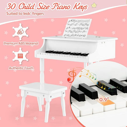 Goplus 30-Key Classical Kids Piano, Mini Grand Piano Wooden Learn-to-Play Musical Instrument Toy with Bench, Piano Lid, Music Rack, Gift for Boys Girls Aged 2+ Baby Toddler(3 Straight Leg-White)