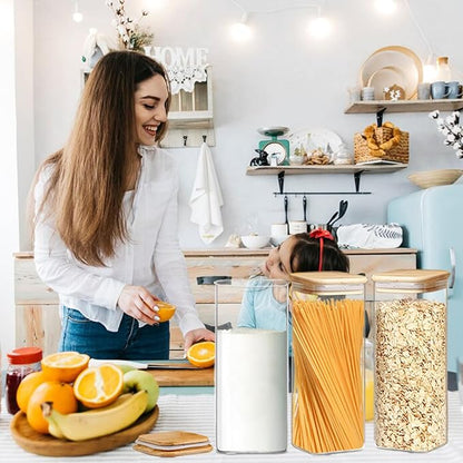 2.2 Qt Square Glass Storage Containers with Lids, Clear Food Storage Container Jar with Sealing Bamboo Lid Storage Containers for Pasta, Oats, Coffee, Flour, Sugar (Square -3Pack)