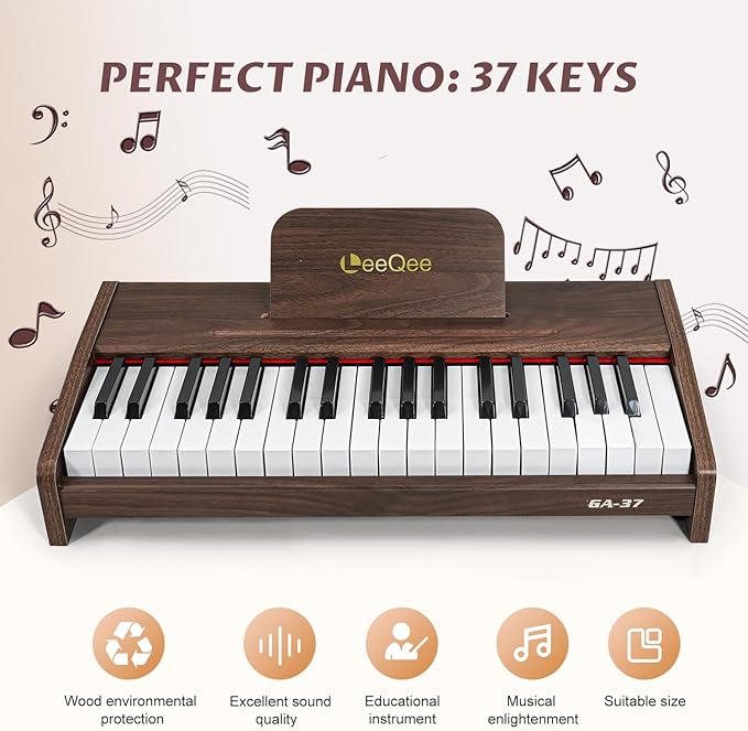 LeeQee 37-Key Wooden Kids Piano Keyboard - Electronic Music Toy with Pro Sound, Educational Learning Modes & Portable Power - Best Toddler Educational Gift for Aspiring Musicians