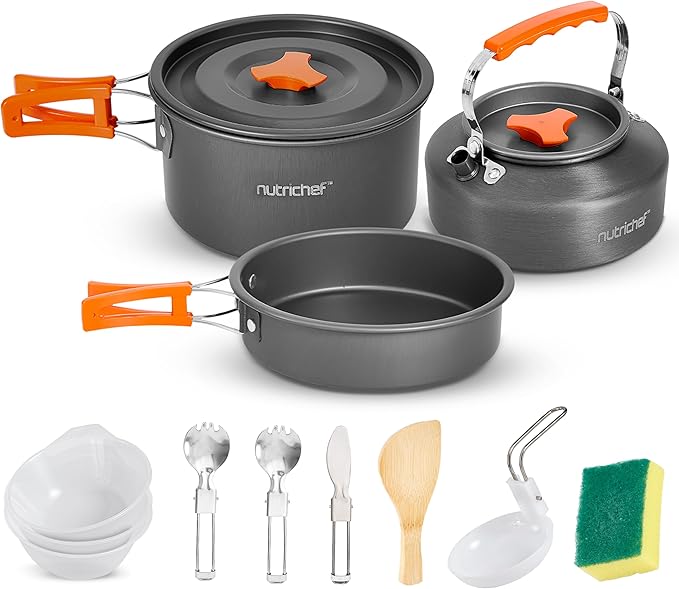 NutriChef Camping Cookware Set - Lightweight Nonstick Pots, Pans, Utensils, Bowls, Cutlery, and Cleaning Tools with Mesh Bag, Foldable Handles, Compact Outdoor Cooking Gear for Hiking & Travel (Grey)