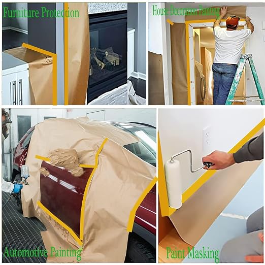 Masking Paper, Paint Masking Paper with Adhesive,20 Inch x 50 Feet Painters Paper Roll, Tape and Drape Painters Paper, for Auto Body Masking, Wall Covering and Paint Masking (6, 20 inch x 50feet)