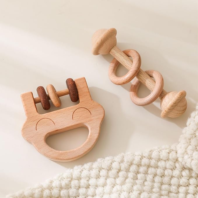 Wooden Baby Rattle, Newborn Wooden Rattle Toy, Natural Wooden Montessori Baby Grip Toy, Baby Gift Toy, Wooden Rattle Set 2PCS