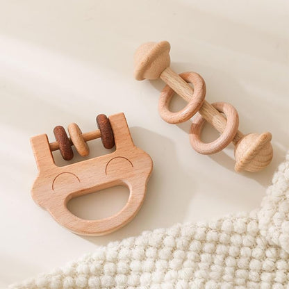 Wooden Baby Rattle, Newborn Wooden Rattle Toy, Natural Wooden Montessori Baby Grip Toy, Baby Gift Toy, Wooden Rattle Set 2PCS