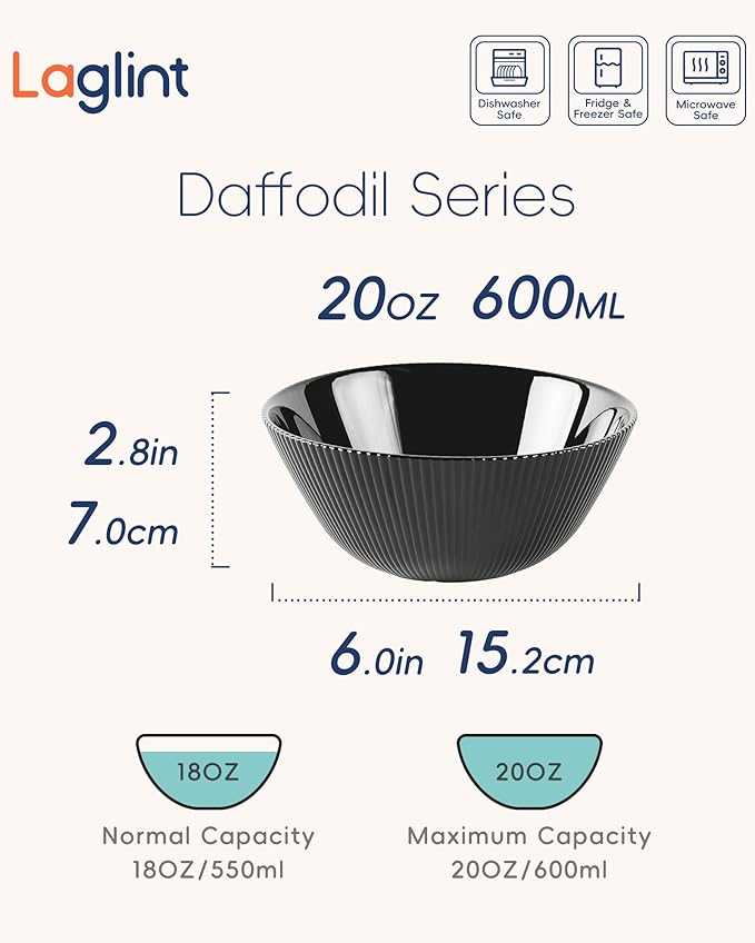 20 OZ Max Black Opal Glass Cereal Bowl Set of 6, 6 inch Dishwasher & Microwave Safe Round Ribbed Bowls for Kitchen, Salad, Soup and Rice