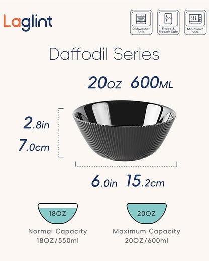 20 OZ Max Black Opal Glass Cereal Bowl Set of 6, 6 inch Dishwasher & Microwave Safe Round Ribbed Bowls for Kitchen, Salad, Soup and Rice