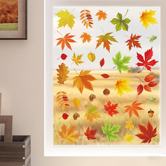 6 Sheets Fall Leaves Window Clings for Glass Windows Double-Side Autumn Window Clings Maple Leaves Pinecone Designs Thanksgiving Clings for Glass Windows Stickers for Home Office School Glass Decor