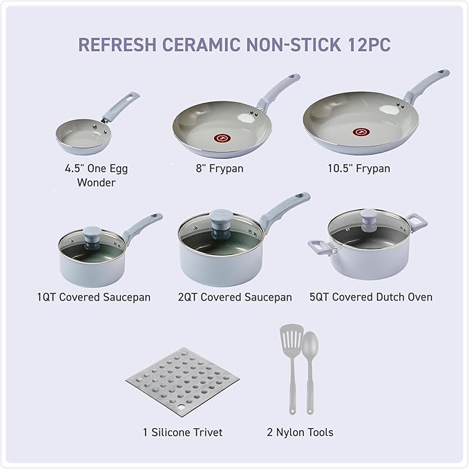 T-Fal Refresh Ceramic Nonstick Cookware Set, 12-Piece Nonstick Cookware