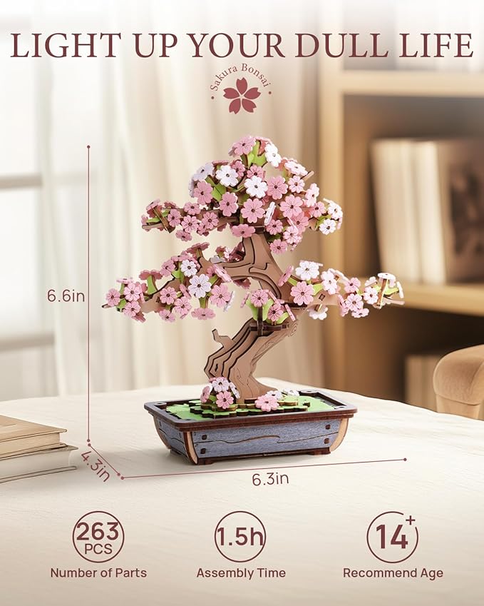 ROBOTIME Sakura Bonsai 3D Puzzles Wooden Artificial Cherry Blossom Tree DIY Model Building Kit for Home Decoration and Office Art Creative Gifts