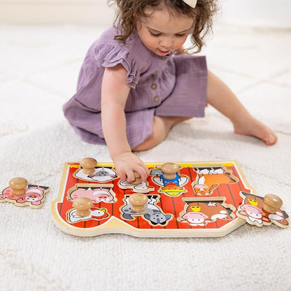 Melissa & Doug Farm Animals Jumbo Knob Puzzle, Wooden Peg Puzzle for Toddlers, Educational Toy for Shape Recognition and Fine Motor Skills, Ages 1+