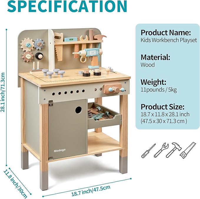 Kids Tool Bench,Wooden Play Tools Set with Kids Tool Belt Toddlers Workbench Pretend Construction Tools Set Wooden Toy Drill Gift for Boys & Girls Age 3-5