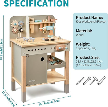 Kids Tool Bench,Wooden Play Tools Set with Kids Tool Belt Toddlers Workbench Pretend Construction Tools Set Wooden Toy Drill Gift for Boys & Girls Age 3-5