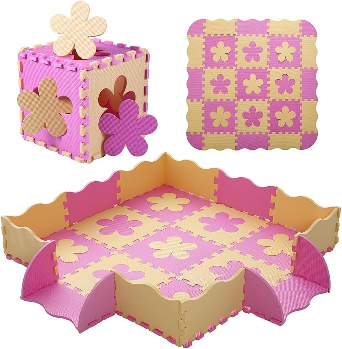 Foam Play Mat for Kids，25Pcs Square Interlocking Puzzle Floor Mat，Baby Play Mat Floor Mat Foam Puzzle Playmat for Toddlers with Fence（Pink Flower-CSH032