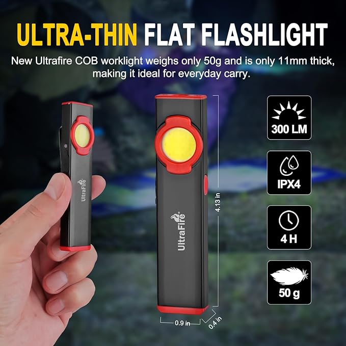 ULTRAFIRE EDC Flat Flashlight, 300 Lumen Rechargeable Magnetic Compact Pocket Light with Clip, 4-Mode Dual-Light LED Flashlight for Outdoor, Work, Emergency Gear S2