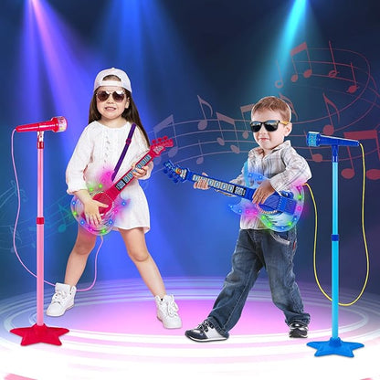Guitar and Microphone Play Set for Boys New Upgrade,Karaoke Machine with Music&Light,Microphone Toys with Stand,Adjustable Height Guitar Toys for Kids,Toddlers,Child