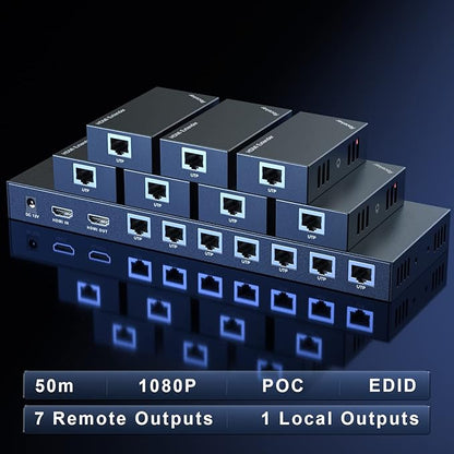 HDMI Extender Splitter 1x7 1080P@60Hz Over Cat 5E/6/7 Ethernet Cable 50m