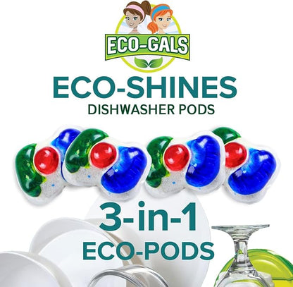 Eco-Gals Dish Cleaning Ultra Pack With Eco-Scrubz Dishwasher Cleaner Plus Eco-Shines Dish Detergent with 3 in 1 Power of Liquid, Powder, and Gel for Brighter Cleaner Dishes