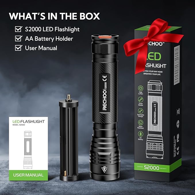 RECHOO S2000 LED Flashlight High Lumens, Super Bright, Powerful, Mid-Size Tactical Flashlight with 3 Modes, Zoomable, Water Resistant Flashlights for Home, Emergencies, Camping, Outdoor Use