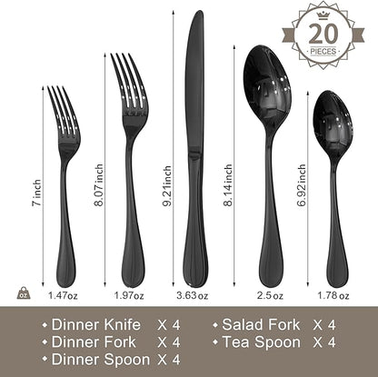 KINGSTONE 20 Piece Teardrop Silverware Set for 4, 18/10 Stainless Steel Flatware Set, Modern Design Cutlery Set for Home/Hotel/Wedding,Mirror Polished and Dishwasher Safe, Black