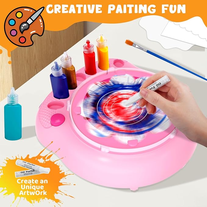 Paint Spin Art Machine Kit for Kids, Arts & Crafts Painting Spinner Toys Kits Sets for Boys & Girls Ages 6 7 8 9 Year Old Pink