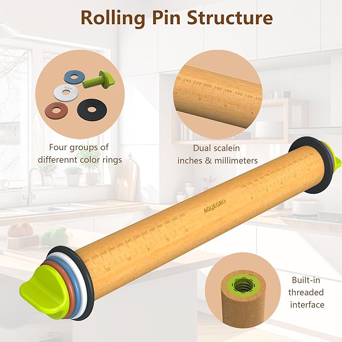 Rolling Pin with Adjustable Thickness Ring and Silicone Baking Mat