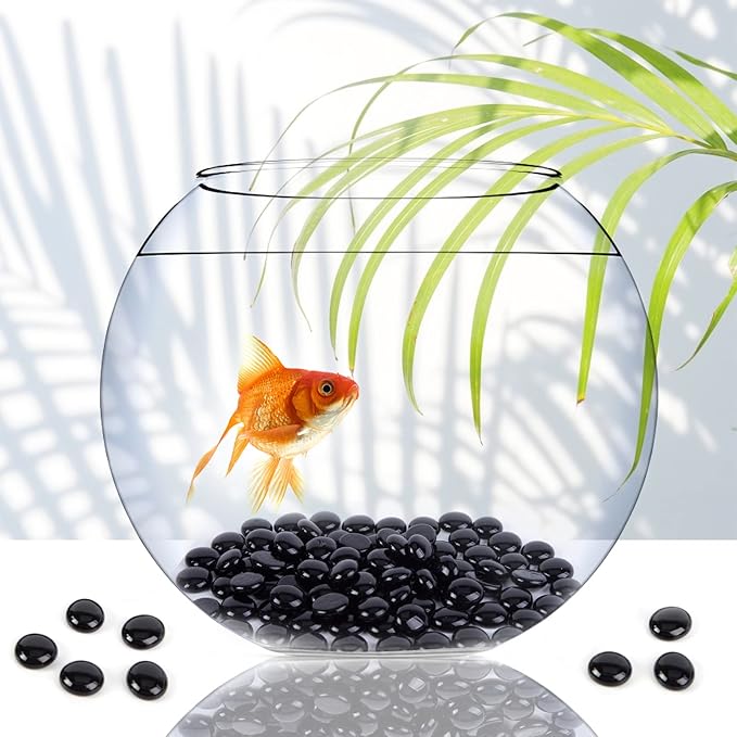 FUTUREPLUSX 1LB Black Flat Glass Marbles, Glass Pebbles Vase Filler, Dark Beads Fishbowl Decorative Gem for Table Scatter Home Decor