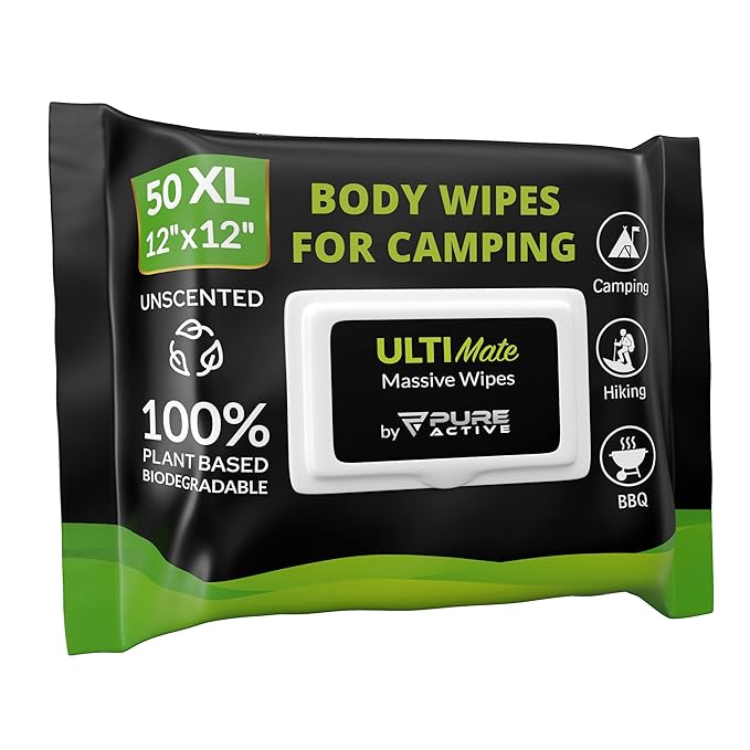 Body Wipes for Camping 50 XXL Camping Wipes 12''x 12'', Shower Body Wipes for Camping, Body and Face Wipes, Biodegradable Personal Hygiene Body Cleansing Wipes for Women Men Kids Elderly Travel