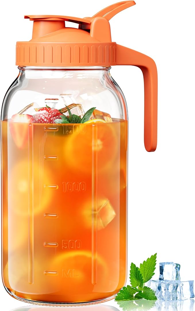 Glass Pitcher with Airtight Lid and Spout, 64oz Mason Jar Pitcher
