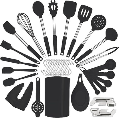Silicone Kitchen Cooking Utensils Set with Stainless Steel Handle, Spatula Set Utensil Set, Cooking Utensil Set,Kitchen Tools Gadgets for Nonstick Cookware (35, Black)
