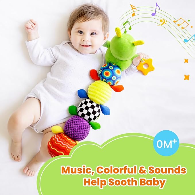 Baby Toys 0-6 Months, Washable Baby Musical Caterpillar Toys with 10 Children's Songs,Rattles,Teething Toys,Suitable for 0-6, 6-12 Months Infant Tummy Time Toy,Newborn Baby Boy&Gril Toy(Green)