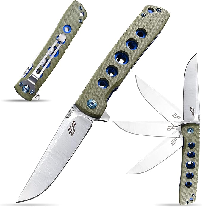 Eafengrow EF27 Folding knife, D2 Steel Blade Everyday Carry, Flipper Open, Liner Lock, G10 Handle Pocket Knifes with Clip for Camping Hiking(Green)