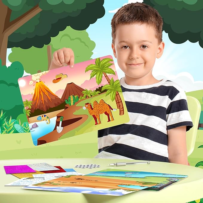 PERRYHOME Foil Arts and Crafts Kits-DIY No Mess Animal Fun Foil Paper Craft Kits,Non-Toxic Kids Car Airplane Travel Activities Toys,Gifts for 4 5 6 7 8 Year Old Girls Boys Toddler Children
