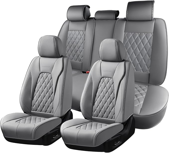 Coverado Car Seat Covers Front Seats and Back, Leather Seat Cover for Cars, Waterproof Seat Covers Full Set Universal Seat Covers Seats Protectors Car Seat Cushion Fit for Most Car - Gray