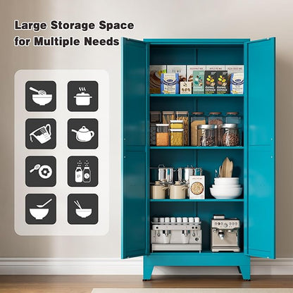 61" Tall Metal Pantry Cabinet, Kitchen Storage Cabinet with 2 Doors and 3 Adjustable Shelves for Kitchen, Living Room, Dining Room, Bathroom and Home, Office (Blue, 61" H)