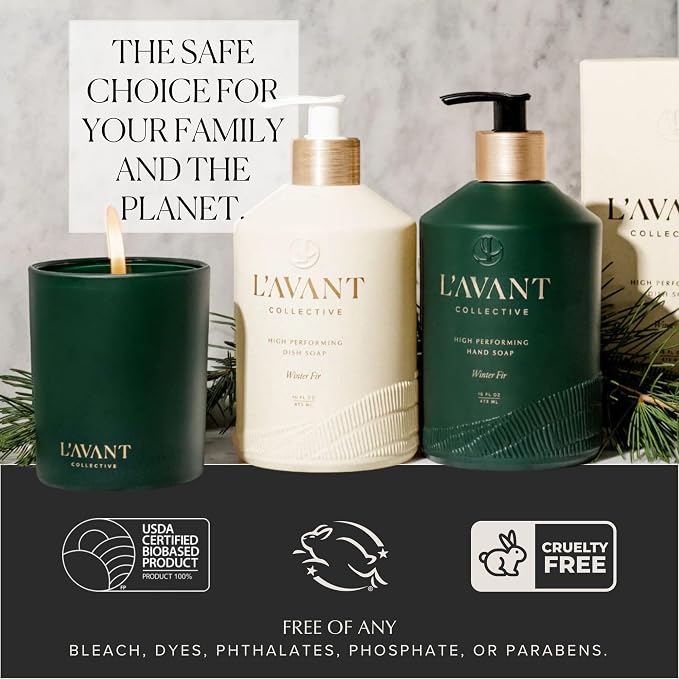 L'AVANT Collective The Ultimate Dish Wash Duo, Natural Luxury Dish Soap 16 Fl Oz with Refillable Glass Pump Bottle & 2 Loofah Dish Sponges for Pots, Pans, Dishes and Kitchen Cleaning, Winter Fir